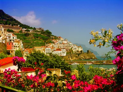 Vibrant Pink Flowers Frame Amalfi Nature Wallpaper 4K 3264x2448 Vibrant, Pink, Flowers, Frame, A, Stunning, View, Of, Amalfi, Colorful, Hillside, Houses, Gray, Landscape, QHD