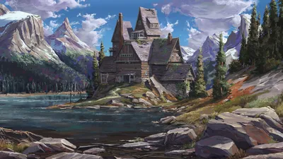 Dreamy Fantasy Wallpaper Nature Wallpaper 4K 1920x1080 Hd, Wallpaper:, Of, A, Fantasy, House, With, Towering, Peak, Nestled, Serene, Lake, Gray, Pink, Ultrawide, Full HD