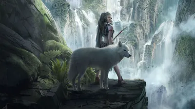 Fierce Woman Warrior Stands Atop Nature Wallpaper 4K 2500x1406 A, Fierce, Woman, Warrior, Stands, Atop, Rocky, Ledge, Beside, Majestic, White, Wolf, Gray, Ultrawide, Full HD
