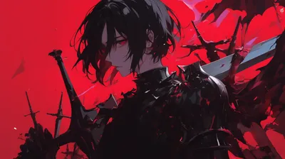 Sleek Dark Wallpaper Black/Dark Wallpaper 4K 2912x1632 A, Striking, Dark, Anime, Wallpaper:, Featuring, Figure, Black, Armor, Swords, Set, Against, Red, Ultrawide, QHD
