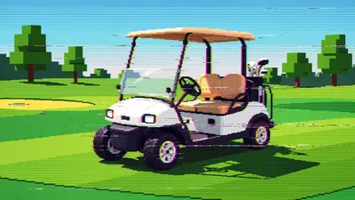 Dreamy Pixel Wallpaper Nature Wallpaper 4K 4608x2592 Pixel-style, Golf, Cart, Parked, On, A, Sunlit, Green, Fairway, Trees, Blue, Sky, Pink, Gray, White, Ultrawide, 4k