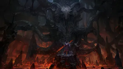 Serene Dark Wallpaper Black/Dark Wallpaper 4K 1920x1080 Dark, Sorcerer, Stands, Before, A, Towering, Demonic, Figure, Amidst, Fiery, Hellish, Landscape, Black, Brown, Ultrawide, Full HD
