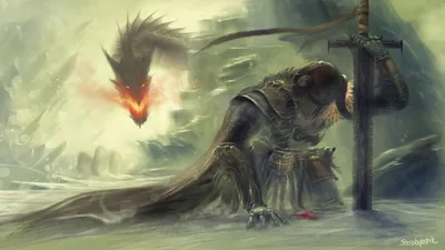 Definition Fantasy Depicting Knight Fantasy Wallpaper 4K 1920x1080 A, High-definition, Fantasy, Wallpaper:, Depicting, Knight, Kneeling, Sword, Facing, Looming, Dragon, Misty, White, Ultrawide, Full HD