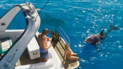 Misty Grand Wallpaper Games Wallpaper 4K 3840x2160 Grand, Theft, Auto, Video, Game, Screenshot, Two, Characters, Yacht, Dolphin, Clear, Brown, Red, Ultrawide, 4k