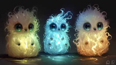 Calm Three Wallpaper Abstract Wallpaper 4K 2912x1632 Three, Cute, Glowing, Creatures, With, Large, Eyes, And, Fluffy, Colorful, Fur, Stand, Gray, Pink, Ultrawide, QHD