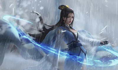Long Haired Asian Fantasy Wallpaper 4K 1920x1133 A, Long-haired, Asian, Woman, Warrior, With, Black, Hair, Wields, Glowing, Sword, Rain, Gray, Ultrawide, Full HD