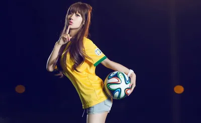 Crisp Asian Wallpaper Black/Dark Wallpaper 4K 1920x1180 Asian, Woman, Wearing, A, Brazil, Soccer, Jersey, Holds, World, Cup, Ball, Posing, Yellow, Gray, Ultrawide, Full HD