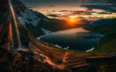 Vivid Sunset Wallpaper Nature Wallpaper 4K 1920x1200 A, Stunning, Hd, Desktop, Wallpaper, Featuring, Sunset, Over, Tranquil, Lake, Cascading, Waterfall, Gray, Ultrawide, Full HD