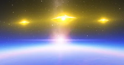 Depicting Three Glowing Ufo Space Wallpaper 4K 2556x1338 Hd, Pc, Desktop, Wallpaper, Depicting, Three, Glowing, Ufo, Spaceships, Hovering, Above, Planet, White, Purple, Ultrawide, Full HD