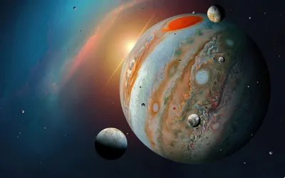 Vivid Sci Depicting Jupiter Its Space Wallpaper 4K 5120x3200 A, Vivid, 4k, Ultra, Hd, Sci-fi, Desktop, Wallpaper, Depicting, Jupiter, Moons, Against, Gray, Ultrawide