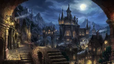 Sleek Magical Wallpaper Fantasy Wallpaper 4K 2500x1407 A, Magical, Castle, Towers, Over, Village, Under, Moonlit, Sky, Illuminated, Windows, Mist-covered, Brown, Ultrawide, Full HD