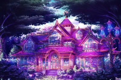 Sleek Vibrant Wallpaper Fantasy Wallpaper 4K 2048x1368 A, Vibrant, Fantasy, Building, Is, Illuminated, In, Shades, Purple, Surrounded, Lush, Greenery, White, Pink, Gray, Landscape, Full HD