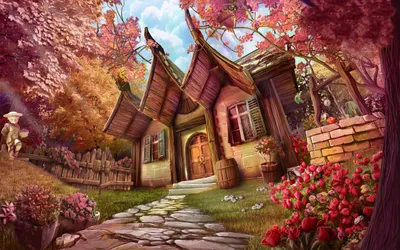 Vibrant Charming Wallpaper Nature Wallpaper 4K 2560x1600 A, Charming, Fantasy, House, Nestled, Among, Vibrant, Flowers, Lush, Trees, Winding, Path, White, Gray, Brown, Ultrawide, QHD