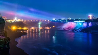 Niagara Falls Night Vibrant Colored Black/Dark Wallpaper 4K 3840x2160 Hd, Desktop, Wallpaper, Of, Niagara, Falls, At, Night, Showing, Vibrant, Colored, Lights, Red, Ultrawide, 4k