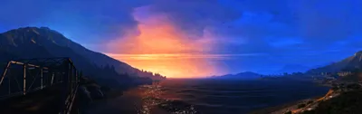 Mountain Sky Evening Bridge Nature Wallpaper 4K 3991x1256 Mountain, Sea, Sky, Evening, Bridge, Video, Game, Grand, Theft, Auto, Desktop, Red, Ultrawide, 4k