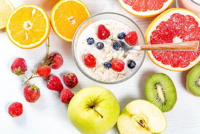 Porridge Still Life Kiwi Abstract Wallpaper 4K 5760x3840 Porridge, Still, Life, Kiwi, Orange, Fruit, Berry, Muesli, Strawberry, Apple, Food, White, Landscape, 4k