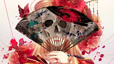 Anime Styled Blonde Nature Wallpaper 4K 1920x1080 An, Anime-styled, Hd, Wallpaper, Featuring, A, Blonde, Character, Holding, Fan, Skull, Design, Black, White, Gray, Ultrawide, Full HD