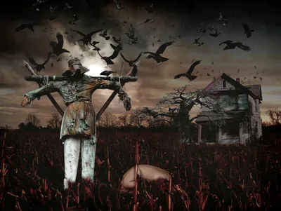 Dark Scarecrow Amidst Haunted Landscape Black/Dark Wallpaper 4K 1600x1203 A, Dark, Hd, Desktop, Wallpaper, Features, Scarecrow, Amidst, Haunted, Landscape, Crows, Flying, White, Gray, Brown