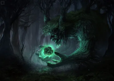 Magical Forest Giant Fantasy Fantasy Wallpaper 4K 3508x2480 A, Magical, Forest, Scene, Featuring, Giant, Fantasy, Creature, Holding, Glowing, Green, Orb, Gray, Brown, Landscape, QHD