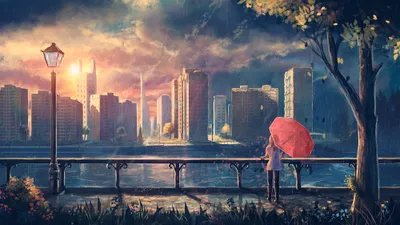 Anime Cityscape Sunset Figure Red World Wallpaper 4K 2000x1125 Hd, Wallpaper, Of, An, Anime-style, Cityscape, At, Sunset, Featuring, Figure, Red, Umbrella, Gray, Ultrawide, Full HD
