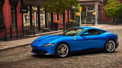 Blue Roma Sports Cars Wallpaper 4K 1920x1080 A, Blue, Ferrari, Roma, Sports, Car, Parked, On, Cobblestone, Street, Urban, Setting, Brown, Gray, Ultrawide, Full HD