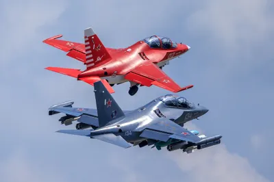 Two Yakovlev Yak Jet Fighter Nature Wallpaper 4K 2048x1366 Two, Yakovlev, Yak-130, Jet, Fighter, Warplanes, One, Red, Gray, Fly, Closely, Against, Landscape, Full HD