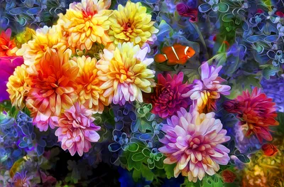 Colorful Artistic Painting Bright Clustered Abstract Wallpaper 4K 2600x1711 Colorful, Artistic, Painting, Of, Bright, Clustered, Flowers, With, Clownfish, Weaving, Among, Petals, White, Purple, Yellow, Ultrawide, QHD