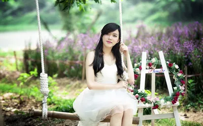 Sleek Asian Wallpaper Nature Wallpaper 4K 1920x1200 An, Asian, Woman, In, A, White, Dress, Sits, Swing, Serene, Garden, Surrounded, Ultrawide, Full HD