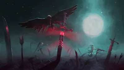 Dark Fantasy Moonlit Night Black/Dark Wallpaper 4K 1920x1080 A, Dark, Fantasy, Wallpaper, Featuring, Moonlit, Night, Crow, Perched, Large, Sword, Shadowy, Black, Ultrawide, Full HD