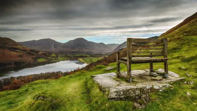 Picturesque Mountain Landscape Nature Wallpaper 4K 3840x2160 A, Picturesque, Mountain, Landscape, With, Serene, Lake, Viewed, Weathered, Wooden, Bench, Grassy, Gray, Ultrawide, 4k