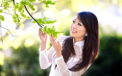 Dark Woman Wallpaper Abstract Wallpaper 4K 2048x1290 A, Woman, Is, Smiling, While, Admiring, Green, Leaves, Natural, Outdoor, Setting, Blurred, White, Ultrawide, Full HD