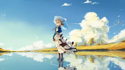 Violet Evergarden Anime Nature Wallpaper 4K 1920x1080 Hd, Desktop, Wallpaper, Of, Violet, Evergarden, An, Anime, Character, Standing, Reflective, Water, Gray, Pink, Ultrawide, Full HD