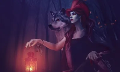 Radiant Dark Wallpaper Animals Wallpaper 4K 2000x1200 A, Dark, Witch, Adorned, With, Striking, Red, Hat, Accompanied, Wolf, Holds, Lantern, Brown, Ultrawide, Full HD