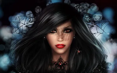 Sleek Gothic Wallpaper Fantasy Wallpaper 4K 1600x1000 A, Gothic, Fantasy, Portrait, Featuring, Brunette, Woman, Striking, Red, Lipstick, Delicate, Spider, Brown, Gray, Ultrawide