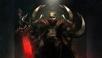 Dark Warrior Skull Crowned Black/Dark Wallpaper 4K 3508x2000 A, Dark, Warrior, Skull, Crowned, And, Wielding, Sword, Emanating, Powerful, Presence, Set, Red, Gray, Brown, Ultrawide, QHD