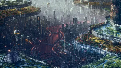 Mesmerizing Sci Cityscape World Wallpaper 4K 2048x1152 Hd, Wallpaper, And, Background, Featuring, A, Mesmerizing, Sci‑fi, Cityscape, Towering, Futuristic, Buildings, Gray, Ultrawide, Full HD