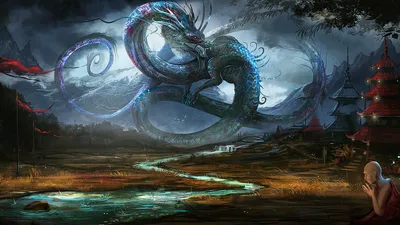 Vivid Mystical Wallpaper Fantasy Wallpaper 4K 1920x1080 A, Mystical, Scene, Featuring, Dragon), Entwined, Around, Mountain, Oriental, Temple, Monk, Foreground, Gray, Ultrawide, Full HD