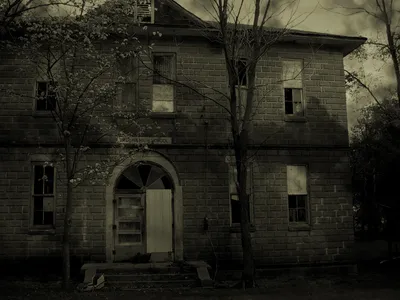 Calm Dark Wallpaper Black/Dark Wallpaper 4K 1600x1200 Dark, Grey, Haunted, House, With, Broken, Windows, Stands, Behind, Bare, Trees, Night, Gray, Landscape