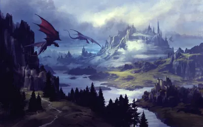 Fantasy Landscape Majestic Dragons Nature Wallpaper 4K 3840x2400 A, Stunning, 4k, Ultra, Hd, Fantasy, Landscape, Featuring, Majestic, Dragons, Soaring, Over, Gray, Ultrawide