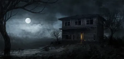 Sleek Dark Wallpaper Nature Wallpaper 4K 2900x1400 A, Dark, Eerie, Haunted, House, Stands, Alone, Under, Full, Moon, Haunting, Glow, Gray, Ultrawide, QHD