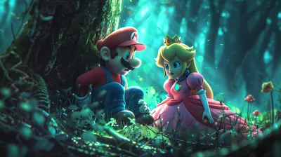 Animated Characters Mario Princess Nature Wallpaper 4K 2912x1632 Hd, Wallpaper, Featuring, The, Animated, Characters, Mario, And, Princess, Peach, Mystical, Forest, Orange, Gray, Brown, Ultrawide, QHD
