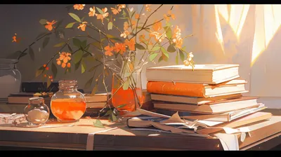Cozy Stack Books Glass Jar Nature Wallpaper 4K 2184x1224 A, Cozy, Scene, Featuring, Stack, Of, Books, Glass, Jar, Vase, Flowers, Illuminated, Gray, Ultrawide, Full HD