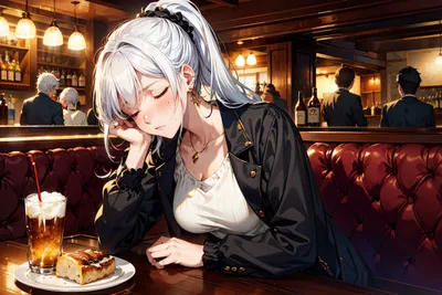 Anime Girl Ponytail Resting Her Abstract Wallpaper 4K 2304x1536 Anime, Girl, With, A, Ponytail, Resting, Her, Head, Hand, Dimly, Lit, Bar, White, Landscape, Full HD