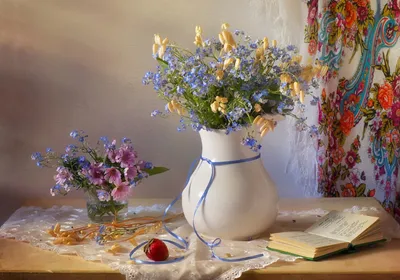 Vivid Still Wallpaper Nature Wallpaper 4K 1920x1347 Still, Life, Photography, Of, A, Flower, Arrangement, In, White, Vase, Blue, Ribbon, Gray, Landscape, Full HD