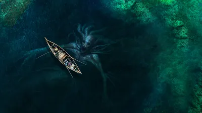 Dark Fantasy Themed Fantasy Wallpaper 4K 1920x1080 A, Dark, Fantasy-themed, Hd, Wallpaper, Featuring, Small, Boat, Water, Looming, Sea, Monster, Gray, Brown, Ultrawide, Full HD