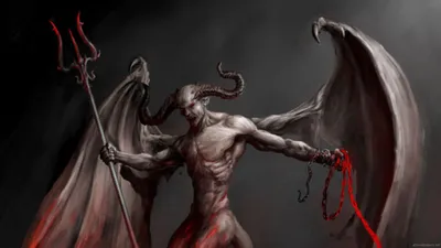 Dark Demon Stands Confidently Wielding Black/Dark Wallpaper 4K 1920x1080 A, Striking, Dark, Demon, Stands, Confidently, Wielding, Trident, Chains, Set, Against, Dramatic, Gray, Ultrawide, Full HD