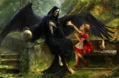 Little Girl Red Fantasy Wallpaper 4K 2064x1354 A, Little, Girl, In, Red, Dress, Interacts, Grim, Reaper, Skeletal, Figure, Dark, Gray, Ultrawide, Full HD