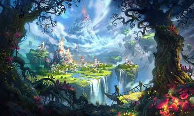Vibrant Fantasy City Nestled Among Nature Wallpaper 4K 1864x1117 A, Vibrant, Fantasy, City, Nestled, Among, Lush, Greenery, Cascading, Waterfalls, Majestic, Mountains, White, Gray, Ultrawide