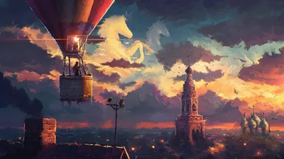 Vibrant Fantasy Cityscape Fantasy Wallpaper 4K 2600x1462 A, Vibrant, Fantasy, Cityscape, Featuring, Hot, Air, Balloon, Soaring, Over, Dramatic, Clouds, Orange, Gray, Ultrawide, QHD