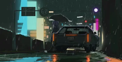 Anime Depicting Car Rainy Cars Wallpaper 4K 2960x1500 Anime-style, Hd, Desktop, Wallpaper, Depicting, A, Car, Parked, Rainy, Street, Night, Person, Gray, Pink, Ultrawide, QHD